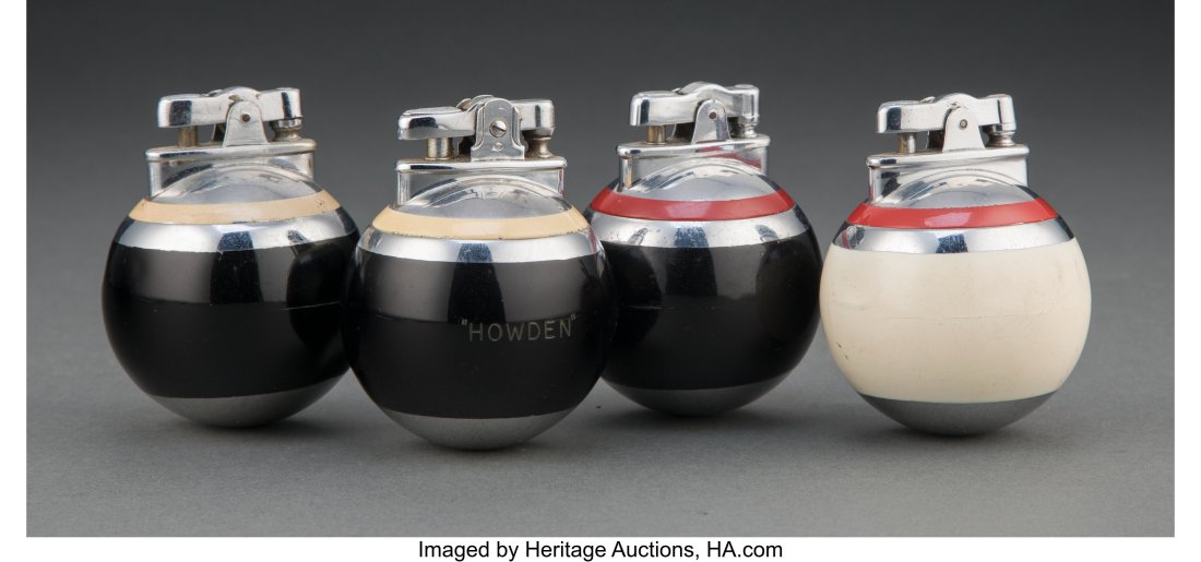 Louis V. Aronson (American, 1869-1940) Group of : Louis V. Aronson (American, 1869-1940) Group of Four 'Rondelight' Table Lighters, circa 1930, Art Metal Works Steel, enamel 3-1/2 x 2-1/2 inches (