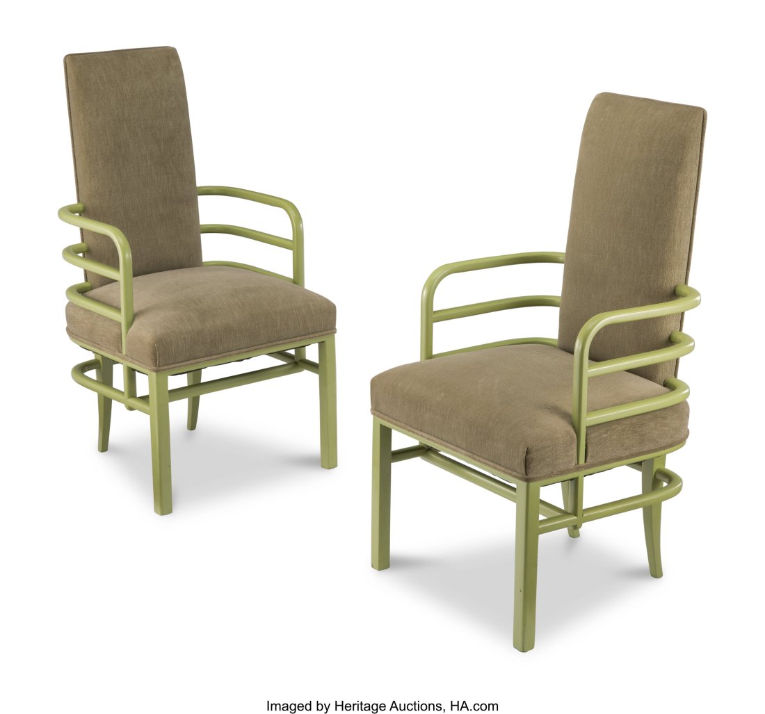 Kem Weber (American, 1889-1963) Pair of Green Be: Kem Weber (American, 1889-1963) Pair of Green Bentwood Chairs, circa 1940, Grand Rapids Chair Company Maple, upholstery 41-1/2 x 21 x 15 inches (105.4