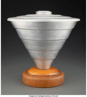 67175&colon; Peter Schlumbohm &lpar;German&comma; 1896-1962&rpar; Fahrenheito: Peter Schlumbohm &lpar;German&comma; 1896-1962&rpar; Fahrenheitor Ice Bucket&comma; circa 1943 Spun aluminum&comma; cork&comma; glass&comma; maple 11-1&sol;4 x 11-3&sol;4 inches &lpar;28&period;6 x 29