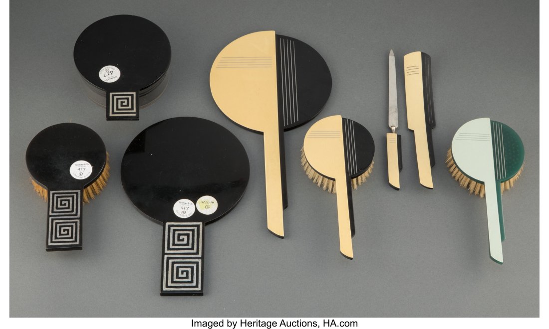 Gustav Jensen (Danish, 1898-1950) Eight Piece Ar: Gustav Jensen (Danish, 1898-1950) Eight Piece Art Deco Pyralin and Lucite Vanity Group, 1928-1931, DuPont, E.I. du Pont de Nemours & Company Pyralin