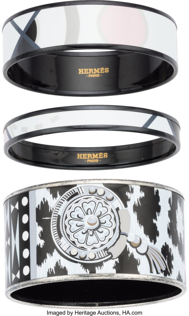 Hermès Set of 3: Enamel Cuff Bracelets Conditio: Hermès Set of 3: Enamel Cuff Bracelets Condition: 3 See Extended Condition Report for Sizes. This set includes: Hermès Black, White, and Gray Skinny