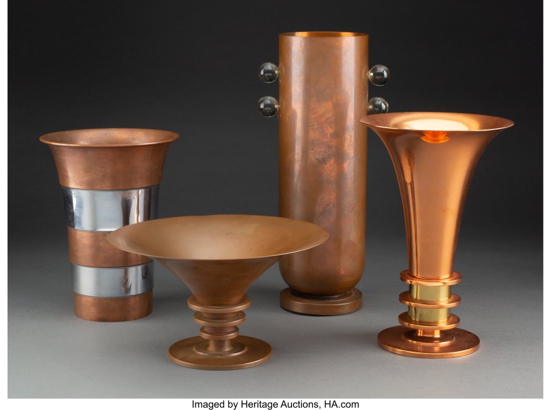 A Group of Four Copper Vases, circa 1930 Marks: A Group of Four Copper Vases, circa 1930 Marks: Chase maker's mark (to one) 12-1/2 inches (31.8 cm) (tallest, with Lucite knobs) 8-3/4 in