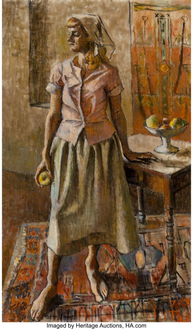 Robert Brackman (American, 1898-1980) Woman with: Robert Brackman (American, 1898-1980) Woman with Fruit Oil on canvas 40 x 24 inches (101.6 x 61.0 cm) Signed and inscribed on the reverse: Robert Brackman