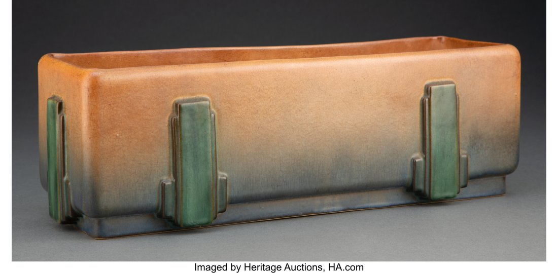 Frank Ferrell, (American 1898-1905) Roseville 'F: Frank Ferrell, (American 1898-1905) Roseville 'Futura' Planter, Model 376 - 15, 1928, Roseville Pottery Co. Glazed earthenware 5 x 15 x 4-1/2 inches (12.7 x 38.1 x 11.4 cm) Marks to underside (illeg.)