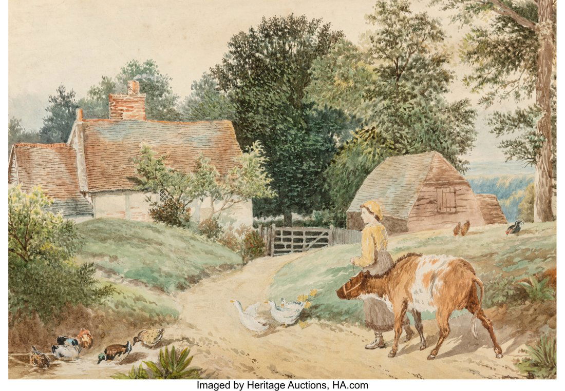 Myles Birket Foster (British, 1825-1899) The Mil: Myles Birket Foster (British, 1825-1899) The Milkmaid Watercolor on paper 11-3/4 x 17 inches (29.8 x 43.2 cm) Initailled lower right: MBF &N