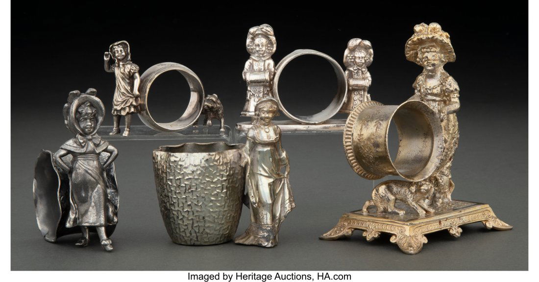 Lot of Five Silverplate Figural Napkin Rings, ci: Lot of Five Silverplate Figural Napkin Rings, circa 1900 Marks: Tufts maker's mark (tallest) 5-1/2 inches (14.0 cm) HID03101062020 &NewLin