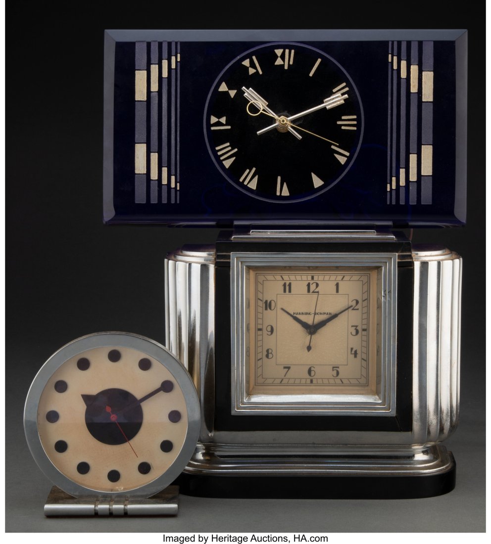 Group of Three Art Deco and Machine Age Clocks,: Group of Three Art Deco and Machine Age Clocks, circa 1940 9-3/4 x 11 x 3-3/4 inches (24.8 x 27.9 x 9.5 cm) (tallest, chrome table clock) G