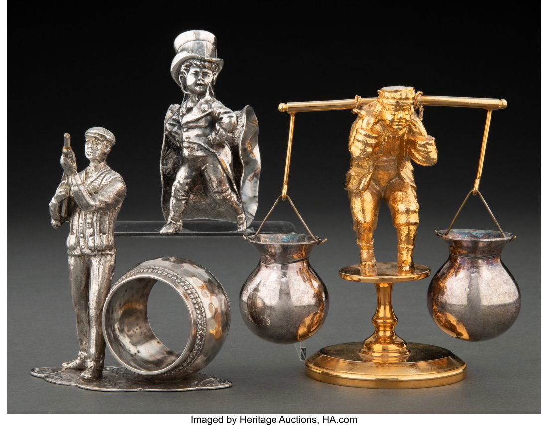 Lot of Three Silverplate Figural Napkin Rings, c: Lot of Three Silverplate Figural Napkin Rings, circa 1900 Marks: JAMES W. TUFTS, BOSTON, TRIPLE PLATE, 2348 (tallest) 4-1/2 inches (11.4