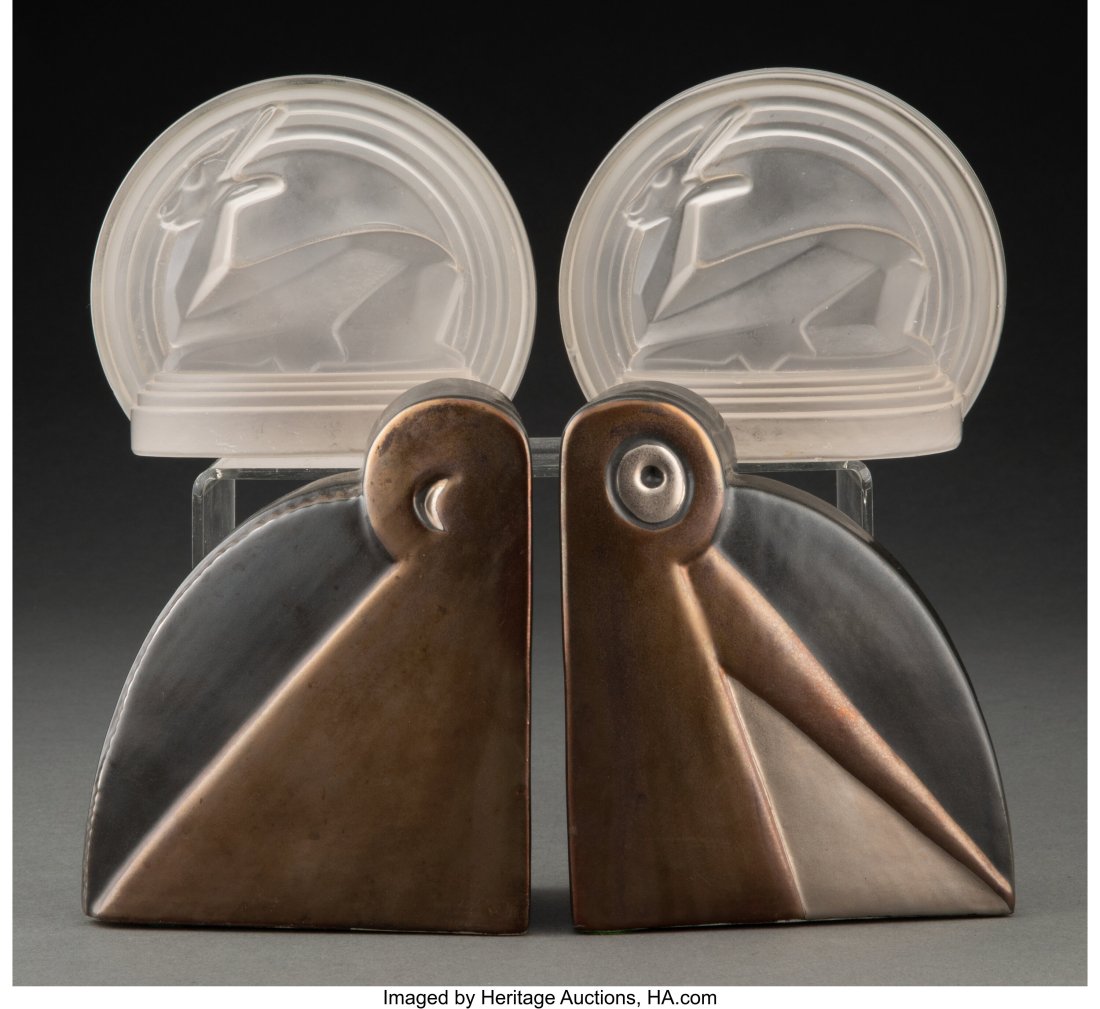 Two Sets of Art Deco Bookends, by Edwin Fuerst & Other: Two Sets of Art Deco Bookends. Gazelle Bookends by Edwin Fuerst, Toledo, Ohio, circa 1936, Owens-Illinois Glass Company 4-1/4 x 5 x 3-1/4 inches (10.8 x 12.7 x 8.3 cm) (gazelle bookends) HID0310106202