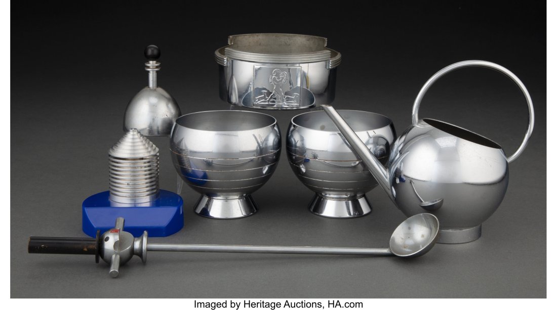 A Group of Seven Machine Age Metal Table Article: A Group of Seven Machine Age Metal Table Articles, Montpelier, Ohio, circa 1934 Marks: maker's mark impressed to underside (tallest, Russel Wright for Chase syrup pi