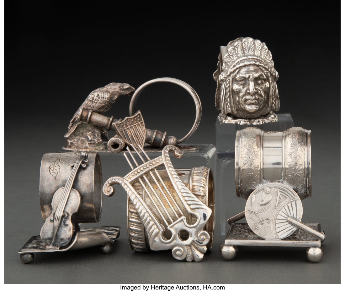 Lot of Six Silverplate Figural Napkin Rings, cir: Lot of Six Silverplate Figural Napkin Rings, circa 1900 Marks: SIMPSON, HALL, MILLER (tallest) 5-3/4 inches (14.6 cm) Inscription: various