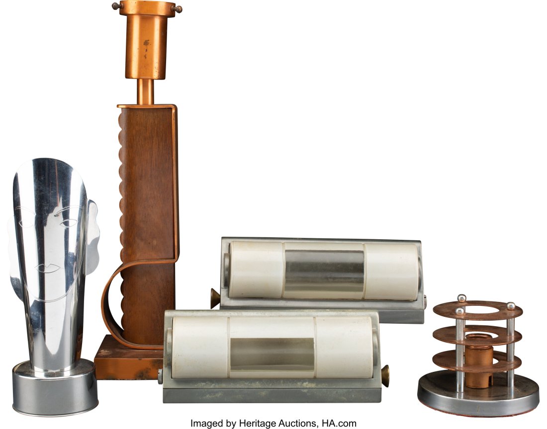 Group of Five Deco and Machine Age Light Fixture: Group of Five Deco and Machine Age Light Fixtures, circa 1930s-40s Marks: unmarked 16-1/4 inches (41.3 cm) (tallest) HID03101062020 &NewLi