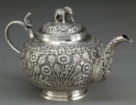 A COLONIAL INDIAN SILVER TEA POT Maker unknown,: A COLONIAL INDIAN SILVER TEA POT Maker unknown, probably Lucknow, India, circa 1890 <