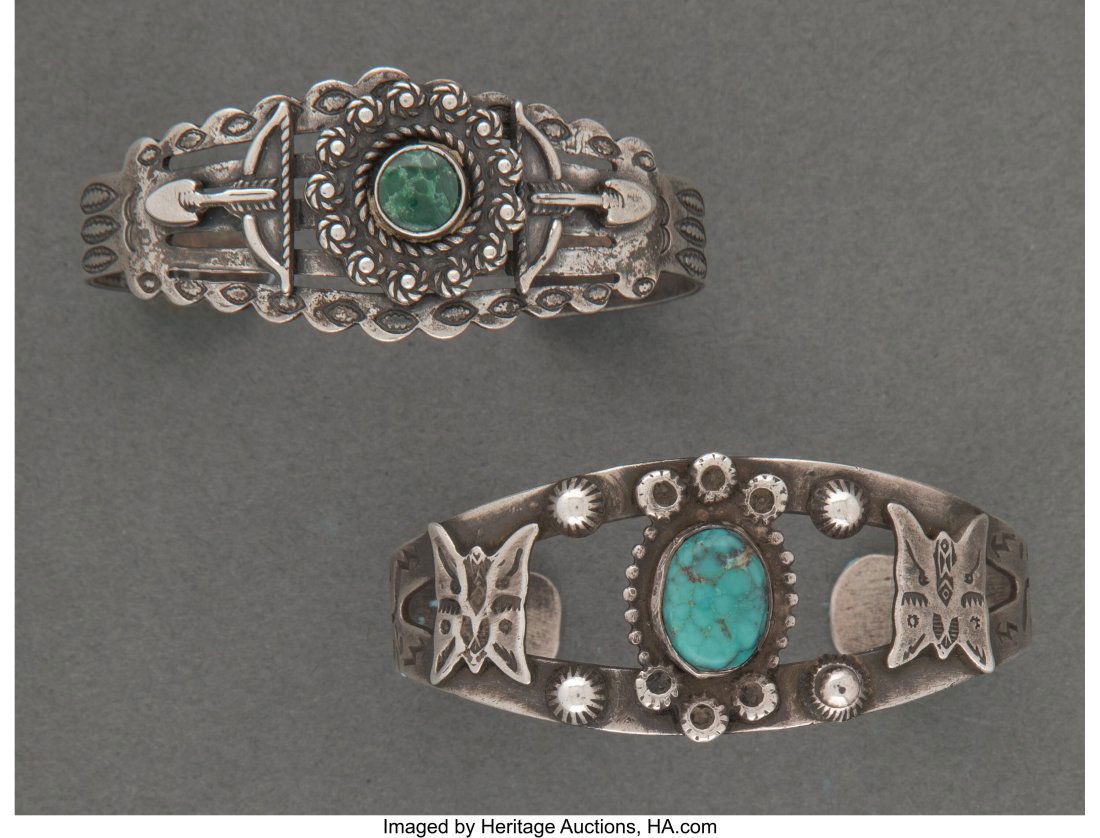 Two Navajo Silver and Turquoise Bracelets    Wid (1 of 2)