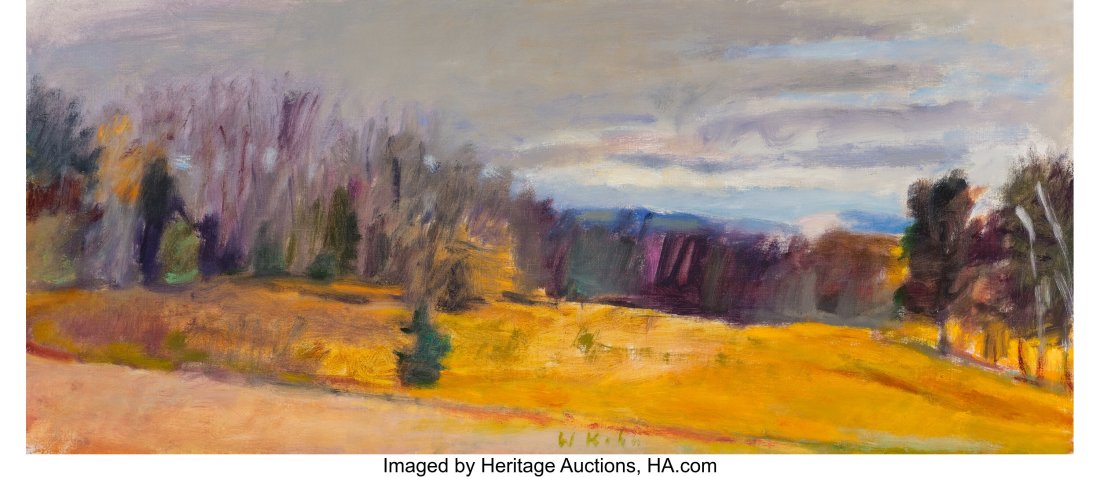 Wolf Kahn (American, 1927-2020) A Cold Day on Am: Wolf Kahn (American, 1927-2020) A Cold Day on Ames Hill II Oil on canvas 14 x 32 inches (35.6 x 81.3 cm) Signed lower center: W Kahn Signed and inscribed