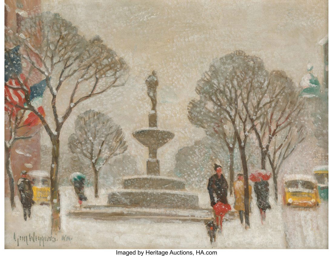 Guy Carleton Wiggins (American, 1883-1962) A Win: Guy Carleton Wiggins (American, 1883-1962) A Winter's Snow, The Plaza, New York Oil on canvasboard 12 x 16 inches (30.5 x 40.6 cm) Signed lower left