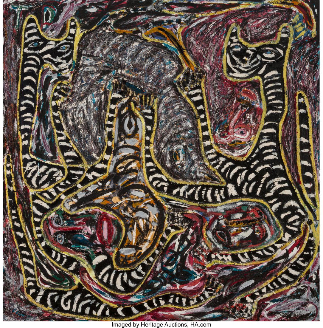 Thornton Dial Sr. (American, 1928-2016) Birds and Tigers Mi: Thornton Dial Sr. (American, 1928-2016) Birds and Tigers Mixed media on canvas laid on board 77 x 77-1/4 inches (195.6 x 196.2 cm) Initialed upper left: T Property from The Larry T. Clemons Collection
