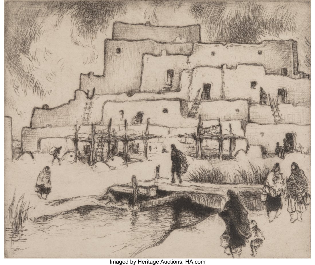 Gene Kloss (American, 1903-1996) Taos Pueblo Str: Gene Kloss (American, 1903-1996) Taos Pueblo Stream Etching and drypoint on wove paper 7-1/2 x 8-7/8 inches (19.1 x 22.5 cm) (image) A.