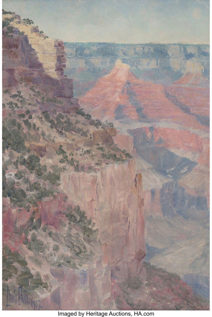 Louis Benton Akin (American, 1868-1913) Grand Ca: Louis Benton Akin (American, 1868-1913) Grand Canyon, 1907 Oil on canvas laid on Masonite 12 x 8 inches (30.5 x 20.3 cm) Signed and dated lower left&colon