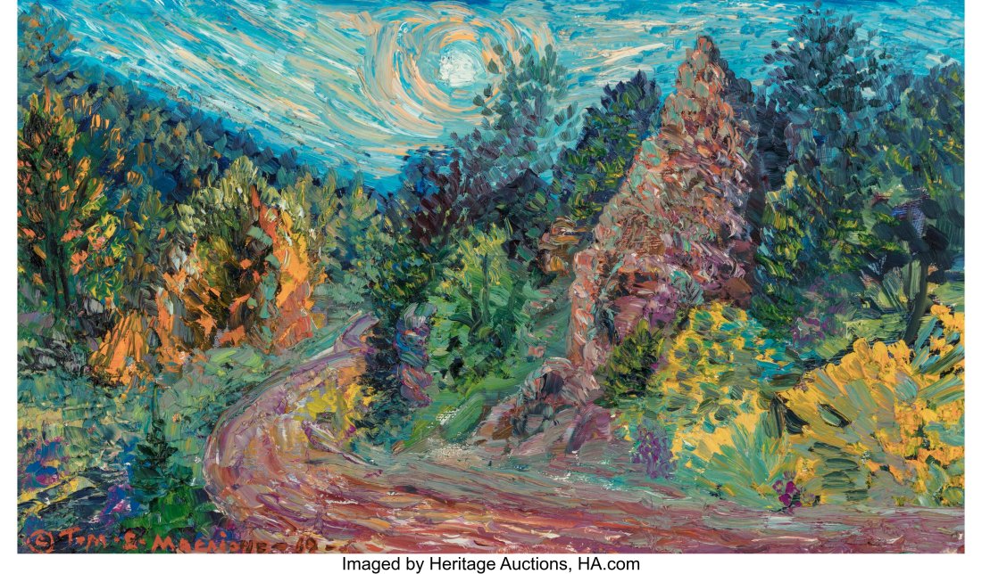Tommy Macaione (American, 1907-1992) Moonlite Ro: Tommy Macaione (American, 1907-1992) Moonlite Road, 1969 Oil on Masonite 17 x 30 inches (43.2 x 76.2 cm) Signed and dated indistinctly lower left: T