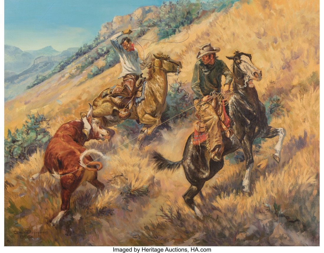 George Phippen (American, 1915-1966) In a Tight: George Phippen (American, 1915-1966) In a Tight Spot Oil on canvas 28 x 36 inches (71.1 x 91.4 cm) Signed lower left: George Phippen Signed and inscribed