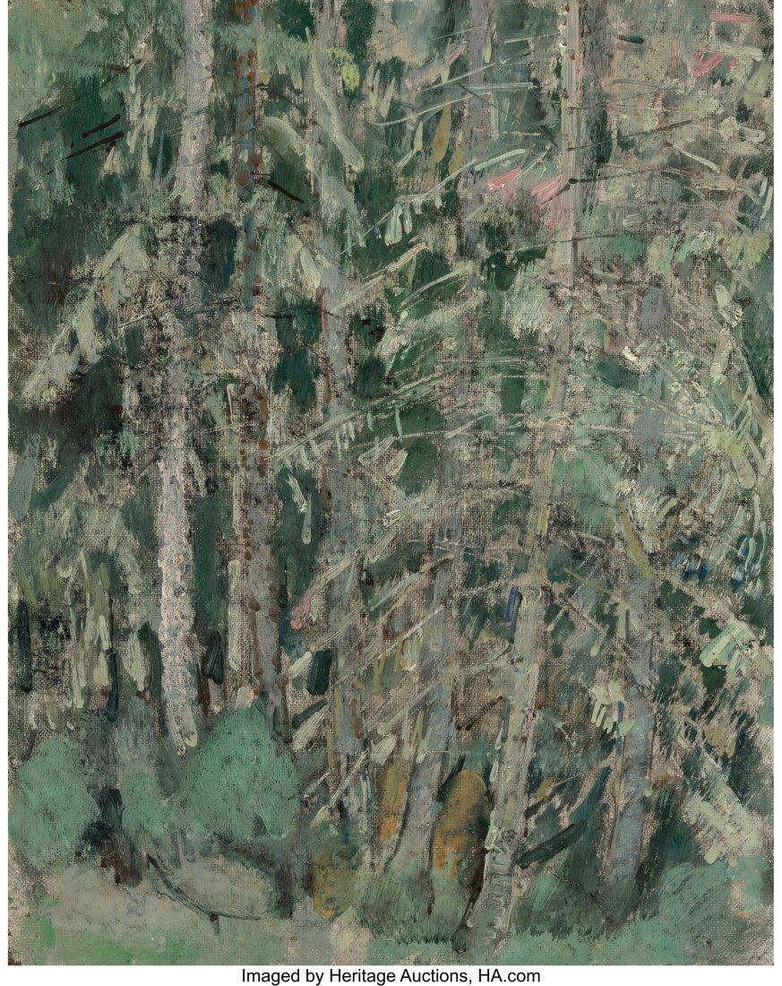 Leon Gaspard (Russian/American, 1882-1964) Everg: Leon Gaspard (Russian/American, 1882-1964) Evergreen Forest Oil on canvas laid on Masonite 16 x 12-1/2 inches (40.6 x 31.8 cm) (image) PROVENA