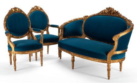 LOUIS XVI STYLE GILT WOOD AND UPHOLSTERED SETTEE: LOUIS XVI STYLE GILT WOOD AND UPHOLSTERED SETTEE AND TWO FAUTEUILS France, 20th centu