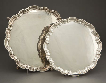 TWO MAPPIN & WEBB SILVER SALVERS Sheffield, Eng: TWO MAPPIN & WEBB SILVER SALVERS Sheffield, England, 1952-53Marks: (lion passant)