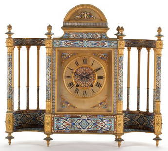 CONTINENTAL GILT BRONZE AND CHAMPLEVE ENAMEL MAN: CONTINENTAL GILT BRONZE AND CHAMPLEVE ENAMEL MANTLE CLOCK Late 19th century 28-1/