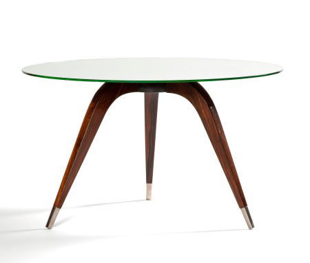 FRENCH MACASSAR EBONY MIRRORED GLASS AND NICKEL: FRENCH MACASSAR EBONY MIRRORED GLASS AND NICKEL GUERIDON ATTRIBUTED TO ALFRED PORTENEUVE (FRENCH, 1896