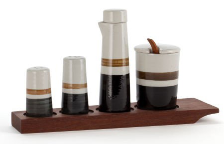 FROM THE ESTATE OF EVA SHURE ARABIA PORCELAIN C: FROM THE ESTATE OF EVA SHURE ARABIA PORCELAIN CONDIMENT SET ON FITTED WOOD TRAY Fin
