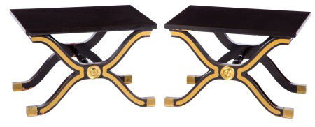 A PAIR OF AMERICAN EBONIZED WOOD AND BRASS TABLE: A PAIR OF AMERICAN EBONIZED WOOD AND BRASS TABLES IN THE MANNER OF DOROTHY DRAPER (AMERICAN, 1889-1969