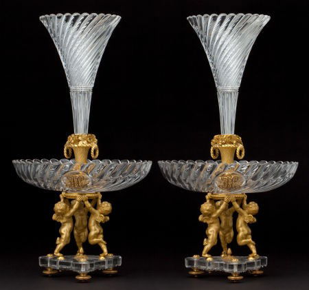 PAIR OF BACCARAT CUT CRYSTAL AND GILT BRONZE FIG: PAIR OF BACCARAT CUT CRYSTAL AND GILT BRONZE FIGURAL EPERGNES France, circa 1900M