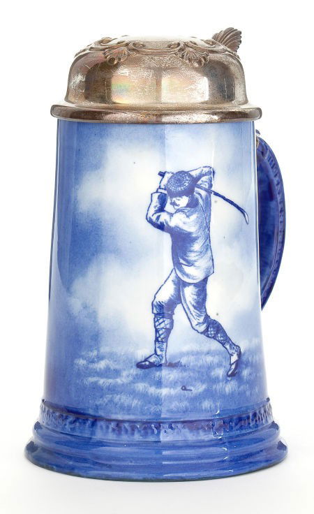 GOLF THEMED EARTHENWARE STEIN WITH METAL LID Ma: GOLF THEMED EARTHENWARE STEIN WITH METAL LID Maker unidentified, probably English, ci