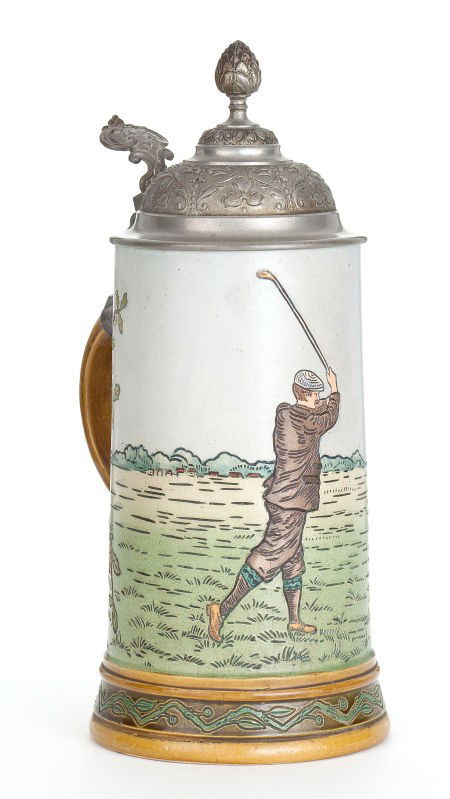 GERMAN GOLF THEMED STEIN WITH PEWTER LID circa: GERMAN GOLF THEMED STEIN WITH PEWTER LID circa 1900Marks: HR (con