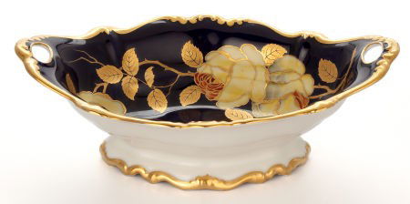 ROSENTHAL TWO-HANDLED SERVING BOWL WITH GILT AND: ROSENTHAL TWO-HANDLED SERVING BOWL WITH GILT AND YELLOW FLORAL DESIGN ON COBALT GROUND 