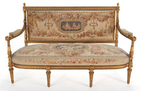 LOUIS XVI STYLE GILT WOOD AND AUBUSSON UPHOLSTER: LOUIS XVI STYLE GILT WOOD AND AUBUSSON UPHOLSTERED FIVE PIECE SALON SUITE COMPRISING SETTEE AND FOUR F