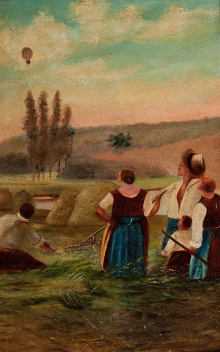 CONTINENTAL SCHOOL (20th Century) Balloon Over t: CONTINENTAL SCHOOL (20th Century) Balloon Over the Harvest, circa 1900 Oil on