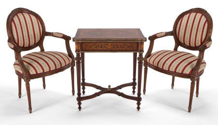 LOUIS XVI STYLE CARVED MAHOGANY AND UPHOLSTERED: LOUIS XVI STYLE CARVED MAHOGANY AND UPHOLSTERED THREE PIECE SUITE COMPRISING SETTEE AND TWO FAUTEUILS
