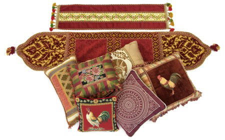 SIXTEEN TAPESTRY AND SILK THROW PILLOWS, TWO TAP: SIXTEEN TAPESTRY AND SILK THROW PILLOWS, TWO TAPESTRY STYLE TABLE RUNNERS, A SILK COMFORTER WITH SHAMS