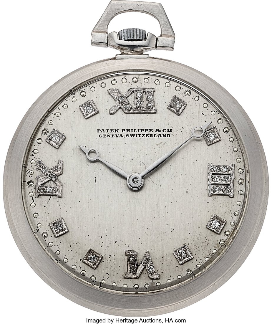 Patek Philippe & Co., Platinum Pocket Watch With: Patek Philippe & Co., Platinum Pocket Watch With Diamond Dial, circa 1905 Case: 44 mm, platinum, three body, stepped edge, circular pattern on case