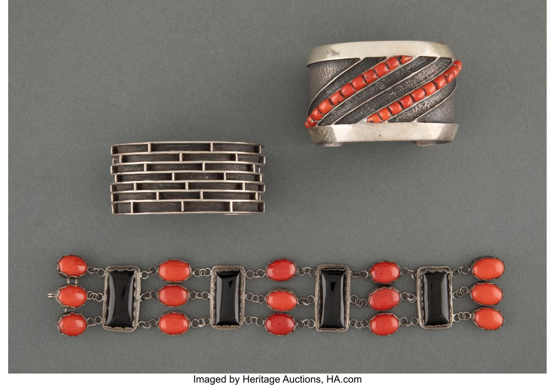 Three Southwest Jewelry Items c. 1975 – 1985: Three Southwest Jewelry Items c. 1975 – 1985 including two large Navajo cuff bracelets, one stamped OA (Oscar Alexius); another stamped FB (probably Fred Brown&r