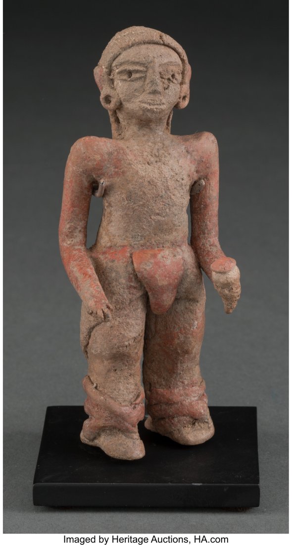 A Xalitla Male Figure Xochipala, Guerrero, Mexi: A Xalitla Male Figure Xochipala, Guerrero, Mexico, c. 1000 - 500 BC Solid clay with remains of red pigment. He wears a loincloth with a tight skirt that flares down to 