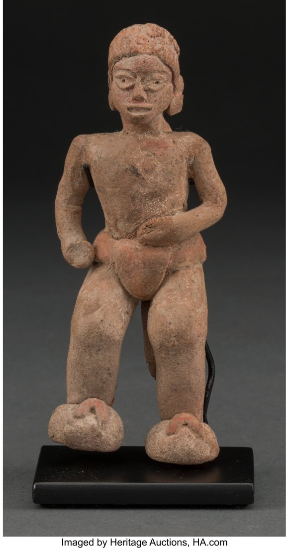 A Xalitla Dancing Male Xochipala, Guerrero, Mex: A Xalitla Dancing Male Xochipala, Guerrero, Mexico, c. 1000 - 500 BC Solid buff clay with remains of red pigment (cinnabar). Depicts a youthful male figure wi