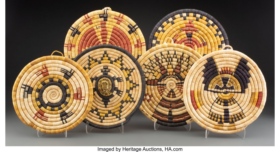Six Hopi Bundle-Coiled Plaques  c. 1980  natural (1 of 2)