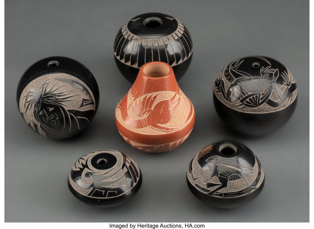 Six Miniature Santa Clara Etched Red/Blackware J (1 of 3)