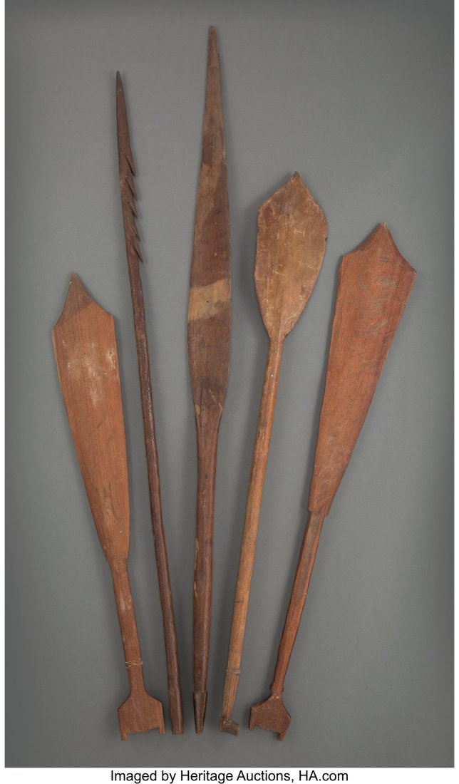 Four South American Paddles and One Spear Prove: Four South American Paddles and One Spear Provenance: From the Valentine Pasvolsky Collection Lengths: ranging from 35 to 53 1/2 inches HID03101062020 &New