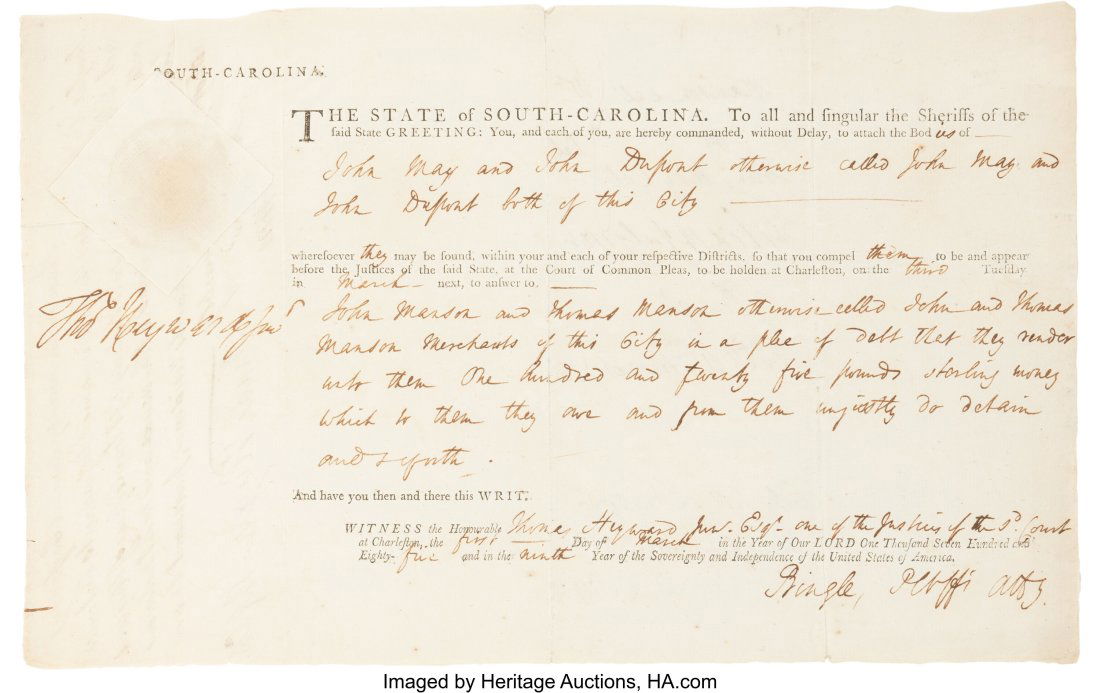Thomas Heyward Jr. and Isaac Huger Document Sign: Thomas Heyward Jr. and Isaac Huger Document Signed ("Tho Hayward Junr." And "Isaac Huger Shf. CD"). One partially printed page, 13" x 8"; Charleston &l