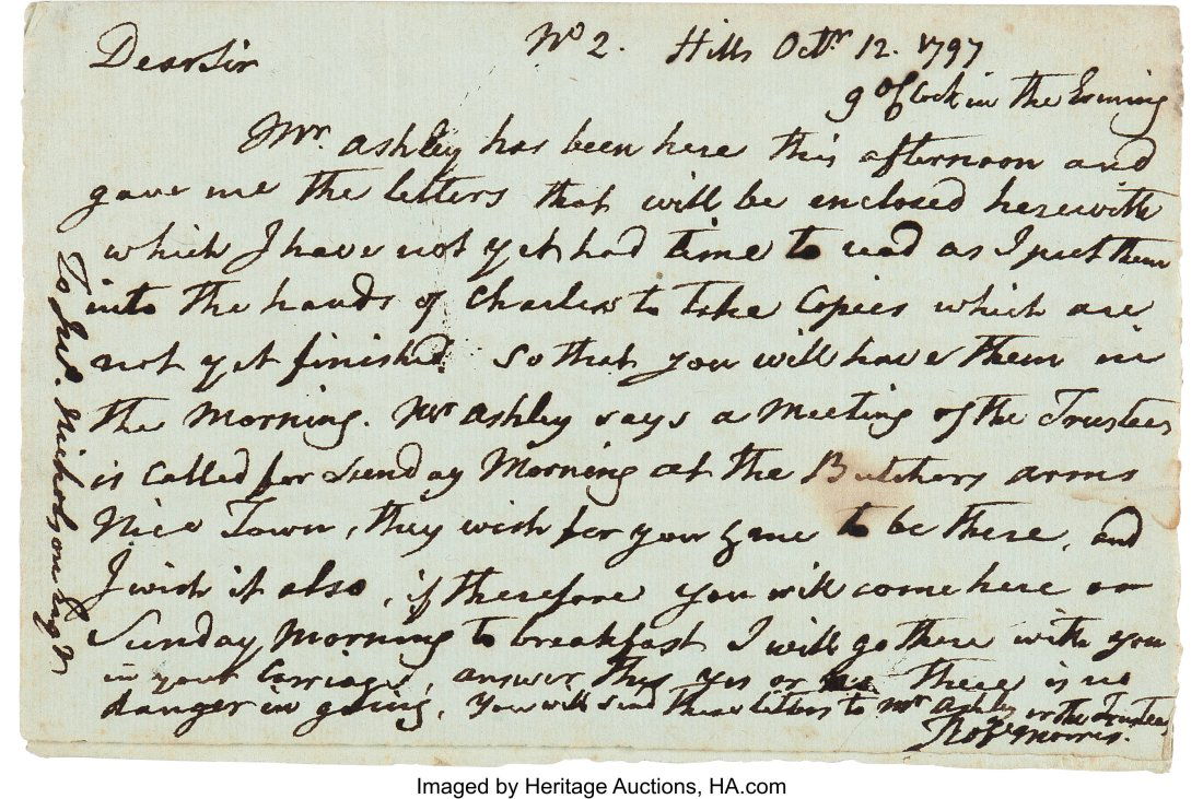 Robert Morris Autograph Letter Signed ("Rob. Mor: Robert Morris Autograph Letter Signed ("Rob. Morris") to John Nicholson. One page of a bifolium, 7.5" x 4.875", "Hills" [Morris’ country