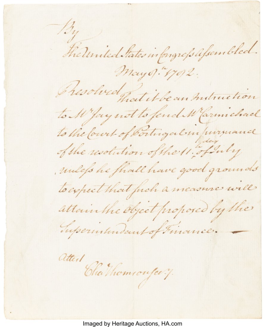 [American Revolution]. Charles Thomson Manuscrip: [American Revolution]. Charles Thomson Manuscript Congressional Order Signed ("Cha Thomson Sec.y.") as Secretary of the Continental Congress. One page